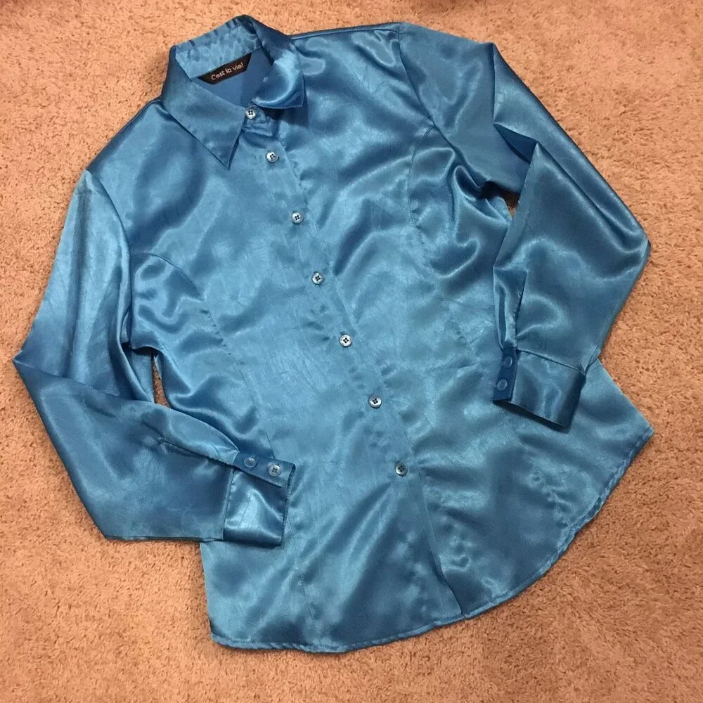 C'est La Vie Vintage Satiny Cyan Blue Retro Button Down Dress Shirt Canadian - M - Picture 11 of 16